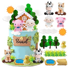 DRWATE - Decoración para tartas de animales de granja con vaca, cerdo, caballo, oveja, pollo para baby shower, granja, fiesta de cumpleaños (arcilla)