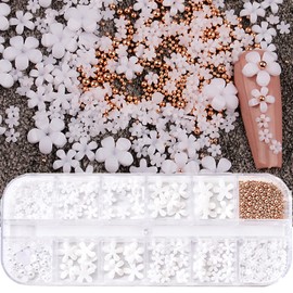 White Floral Nail Art Decorations, Five Petals Flowers Nail Glitter Sequins, Flower Pearl Beads Resin Nail Rhinestone Design for Women Girls Manicure Supplies, Blossom Rivet for Nail Stickers Decals