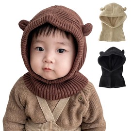 VNGOLERRY Baby Hat, Food Warmer, Neck Warmer, Balaclava, Knit Hat, Scarf, Cold Protection, Autumn, Winter, Baby, Natural, Simple, Boys, Girls, Warm, Soft, Ears, Bear Ears, Cute Gift, beige