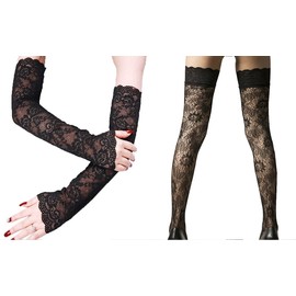 Ivank Lace Sleeves MisaaAmanee Cosplay Lace Arm Sleeves Cold Weather Arm Warmers Lace Gloves Fingerless (Lace Sleeves + Thigh Highs)