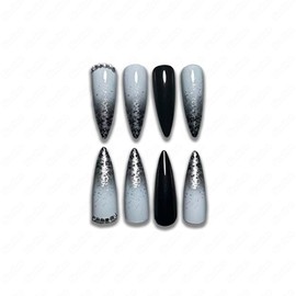 SINHOT Stiletto Press on Nails Long Fake Nails Glossy Glue on Nails Silver Glitter Gradient Acrylic Nails Black Almond Artificial Nails Stick on False Nails with Design 24 pcs