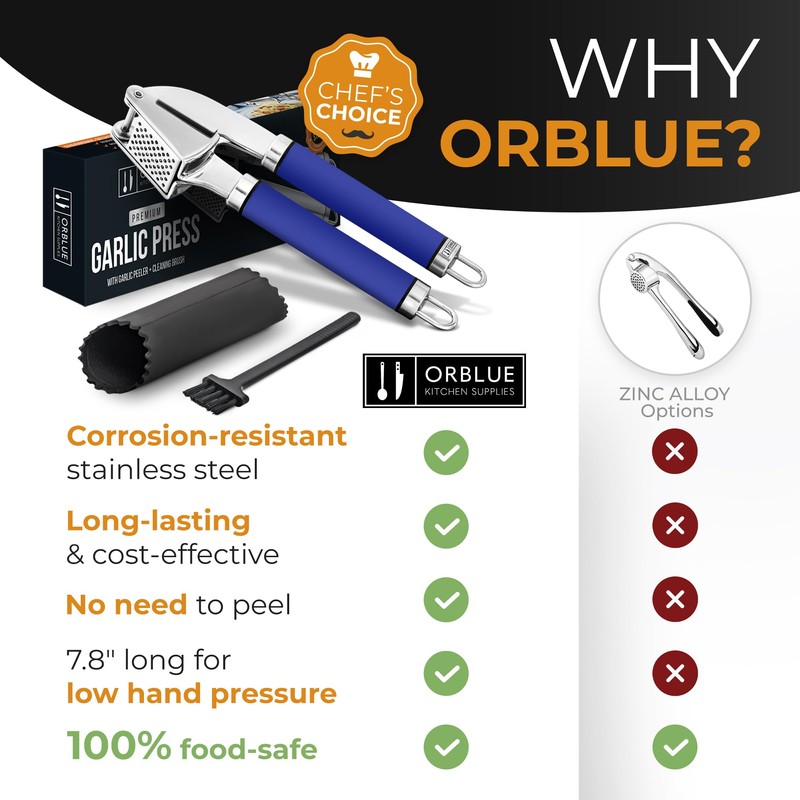 ORBLUE Garlic Press Stainless Steel - Premium Professional Grade Garlic