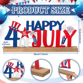 MiniInflat Happy 4th of July/Patriotic Metal Sign Rustic Table Decor Holiday Tiered Tray Decor with Wooden Base Freestanding Metal Word Sign for Home Tabletop Centerpiece Mantel Shelf Fireplace