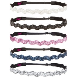 Hipsy 5pk Women's Adjustable NO SLIP Wave Bling Glitter Headband Multi Gift Pack (Silver/Navy/L. Pink/Black/White)