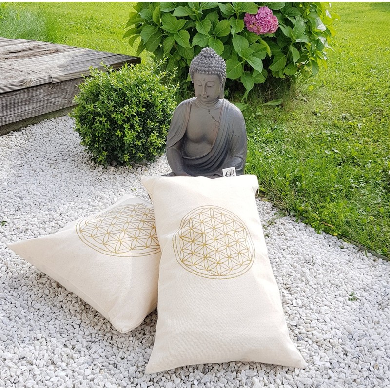 Swiss pine cushion embroidered with the flower of life size