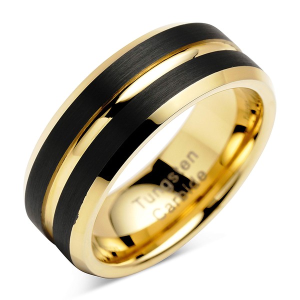Tungsten Rings for Mens Wedding Bands Black Matte Gold Grooved