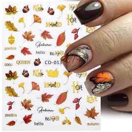 Fall Nail Art Stickers Decals Autumn Maple Leaf Nail Stickers 6PCS 3D Self-Adhesive Fall Leaf Pine Nut Letter Gold Bronzing Nail Designs Manicure Decal Accessories for Acrylic Nails Art Decorations