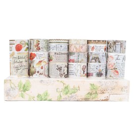 LGEGE 18 Rolls Vintage Washi Tape Set, 75/50/30/25/20/15/10/5mm Wide, Floral Butterfly, Mushroom, Flower Leaves, Jungle Gift, Old Letters, Retro Masking Tape, Decor for Scrapbook (2m)