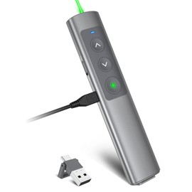 Metallic Presentation Clicker Presenter Remote - Rechargeable Wireless Presenter with Green Laser Pointer, 2 in 1 USB Clicker for PowerPoint & Google Slides, Compatible with MacBook/PC