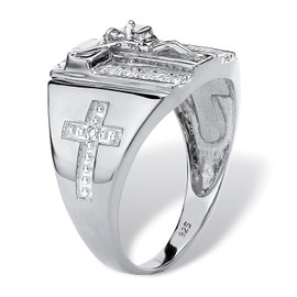 PalmBeach Men's Yellow Gold-Plated or Sterling Silver Round Genuine Diamond Crucifix Ring (1/10 cttw, I Color, I3 Clarity) Size 9