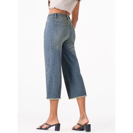 Sidefeel Women's High Waisted Jeans Stretchy Wide Leg Raw Hem Capri Pants Size 18 Vintage Blue