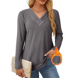 SHEWIN Womens Fashion Long Sleeve Shirts Trendy V Neck Tunic Top Loose Fit Casual Sweatshirts Sweaters Lightweight Fall Tops for Women 2025, Gray, L