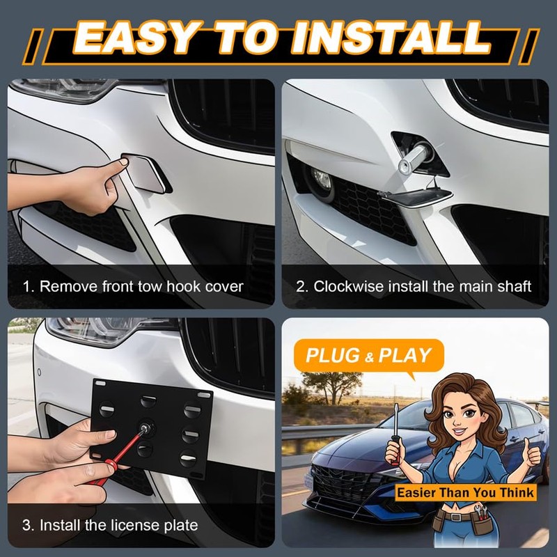 Drill Free Front Grill Mesh Tow Hook License Plate Relocation