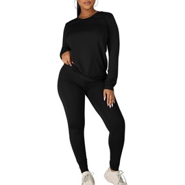 Kaximil Women's Workout Tracksuit 2 Piece Outfits Long Sleeve Top Legging Jogger Pants Set, X-Large, Black