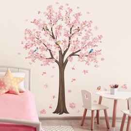decalmile Large Pink Blossom Tree Wall Decals Flower Birds Branch Wall Stickers Living Room Bedroom Baby Nursery Wall Decor（H:170cm/67 Inches）