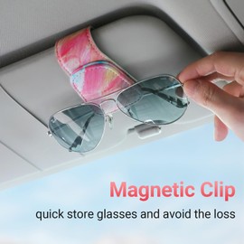 KanSmart Sunglass Holder for Car Visor Sunglasses Clip Magnetic Leather Glasses Eyeglass Holder Truck Car Accessories for Woman Man -Abstract Pink
