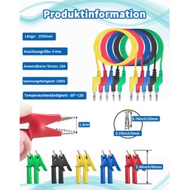 Pack of 5 Multimeter Test Leads with 10 Pieces Crocodile Clips, 4 mm 5 Colours Insulated Banana Plugs, Test Leads for Multimeter Measuring Cables for Current Meters, Multimeter Voltage Tester