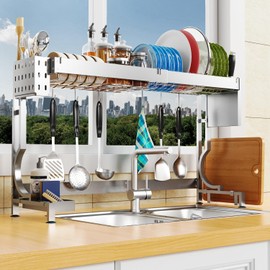 MINGLING Over Sink Kitchen Drying Rack Over The Sink Large Dish Racks Height & Width Adjustable Kitchen Drying Rack Stainless Steel Countertop Organizer,Silver