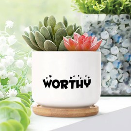 DecStic Worthy Ceramic Planter Bible Verse Pots for Plants with Drainage Holes and Saucers Pot for Indoor Outdoor Garden