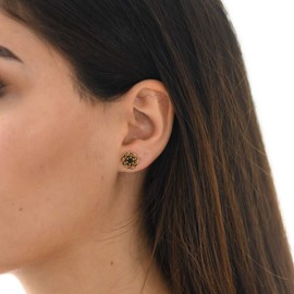 Materia Flat Stud Earrings 925 Silver Women's Mandala Earrings Flower of Life 10 mm Round Rhodium-Plated or Gold-Plated, Gold-Plated Silver