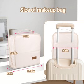Doresty Makeup Bag Large Capacity Travel Makeup Organizer Leather Portable Standing Make Up Bag Waterproof Travel Cosmetic Toiletry Bags with Luggage Strap (Cream)