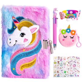 PESLNG Unicorn Plush Notebook Set, Diary Girls Notebook for Girls Plush A5 Travel Diary School Notepad Children Girls Festival Birthday Gift Pink Girls Diaries