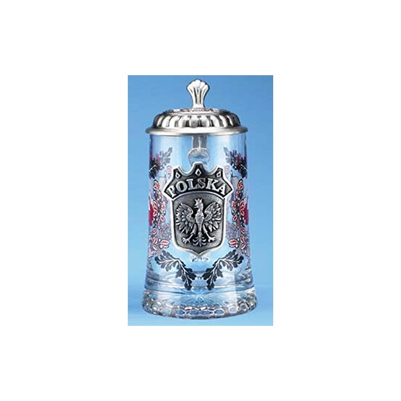 Polska Glass Beer Stein with Pewter Lid and Pewter Medallion