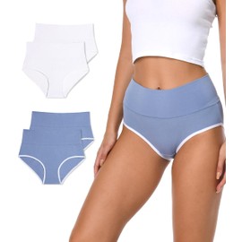 Comfneat Women's 4-Pack High Waisted Briefs Stretchy Cotton Spandex Underwear (White+Grey Blue 4-Pack, L)