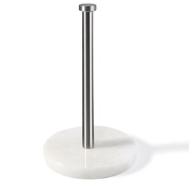 Koville African Genuine Marble Paper Towel Holder Countertop, 6" Stone Base Silver Rod Paper Towel Holder Stand for Kitchen Storage, for Standard or Jumbo-Sized Rolls