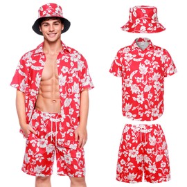 SERTAS Mens Hawaiian Shirt and Shorts Hat Set,Red Hawaiian Shirts for Men,Funny Shirt,Summer Custom Hawaiian Shirt Shiteshirts,Shiteshirts for Indoor Outdoor Beach Seaside Holiday (Red B, M)