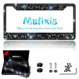 Mulixis Bing License Plate Frames for Women Diamond Black License Plate Frame 1 Pack Rhinestone Bedazzled License Plate Holder Stainless Steel Frame - High-End Gift Box Packaging
