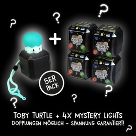 MegaLight Blind Box Mini Night Lights for Children, Pack of 5, Mystery Box, Toby Turtle + 4 out of 9 at Random, Infinitely Dimmable, with Pendant, 4 Different Light Colours, EGGY'S Mystery Lights