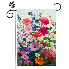 Spring Geranium Garden Flag Summer Bee Colorful Floral Flower Garden Flag for Outside, Double Sided Burlap Farmhouse Lawn Yard Flag Outdoor Decorations 12x18 Inch（Only Garden Flag）