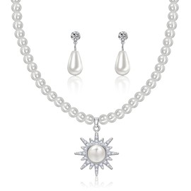 Yifnny Pearl Necklace and Earrings Set, Bracelets Sets Simulated Pearl Bride Wedding Jewelry Set Accessories Wedding Necklace Jewelry Silver Gold Birthday Jewelry for Women (Style 4)