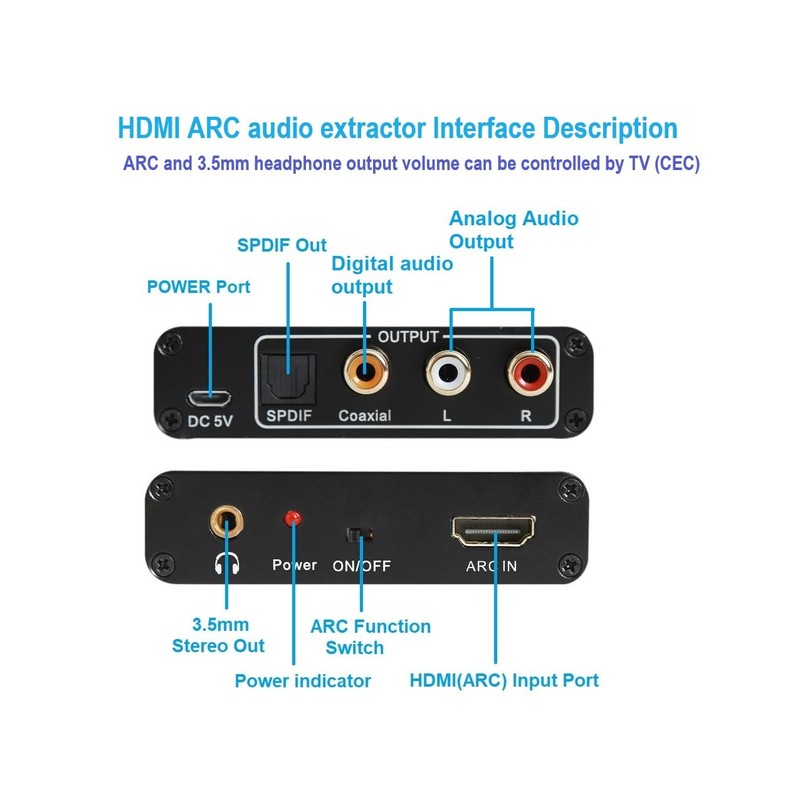 Wilxisum HDMI Arc Audio Extractor, ARC to RCA+Optical+3.5mm+Coaxial Converter/Adapter, RCA,3.5mm