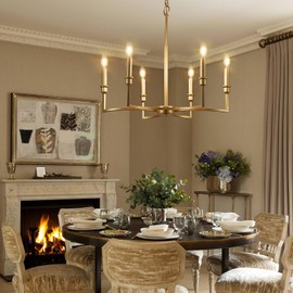 CaraLuxe Gold Chandelier Light Fixture 6-Light Candle Dining Room Chandelier Lighting Over Table Vintage Brass Metal Chandeliers for Bedroom Kitchen Island Foyer Entryway, 26in
