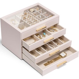 Vlando Jewelry Box for Women Girls,Jewelry Organzier,4 Drawers,Glass Lid Jewelry Display Storage for Gem Diamond Necklaces Rings Earrings Bracelets Apricot White