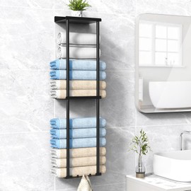 Liuoud Towel Rack For Bathroom, Wall Mounted Bath Towel Holder Storage Organizer For Rolled Towels, Vertical Towel Rack With Shelf Can Holds Up 6 Large Bath Towel, Black