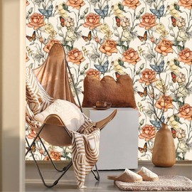 MuralPeel Boho Roses Floral Butterfly Orange/Blue/Yellow Flowers Peel and Stick Wallpaper Self Adhesive Removable Easy Peel Off Stick on Wall Paper for Bedroom Cabinet Renter