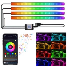 Car LED Interior Lighting with App Control, Footwell Lighting Car, 4 Pieces, 48 LEDs, with USB Port and Music Modes, for Ambient Lighting, Decoration, Gifts for Men and Women