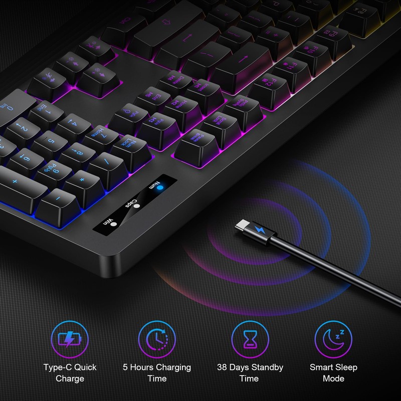 Wireless Gaming Keyboard, RGB & Single-Color Backlit, Full-Size Waterproof Computer
