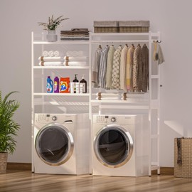 Cozivolife Over The Washer and Dryer Storage Shelf Bamboo,5 Tiers Laundry Room Drying Rack with Adjustable Shelves and 4 Hooks,Space Saver Organizer for Hanging Clothes and Towels (White)