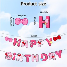 Cartoon Happy Birthday Banner, Pre-String Pink Birthday Party Hanging Banner Kawaii Decorations for Women & Girl Cartoon Theme Party Decor Supplies