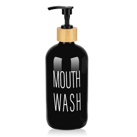 Pump Mouthwash Dispenser, Glass Mouthwash Container for Bathroom Countertop, Mouth Wash Bottle Decanter, Black, Printed Font