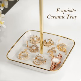 Jewelry Holder Stand with Ceramic Base: 12" Tall Necklace Organizer Rack, Tree Design Display Storage for Necklaces, Bracelets, Rings, Earrings, Aesthetic Room Décor for Girls and Women, Gold