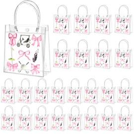 Tioncy 24 Pcs Golf Party Favor Bags with Pink Bow Golf Ball Clear Goodie Gift Treat Candy Goody Bags with Handle for Sports Theme Birthday Party Supplies