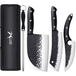 Golden Bird Butcher Knife Set - 4pcs Hand Forged Meat Cleaver Knife & Serbian Chef Knives & Sharp Viking Knives for Meat Cutting, Camping, BBQ, Men's Birthday Gift