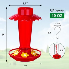 Fchstaer Hummingbird Feeders for Outdoors Hanging with Umbrella Cover, 10 OZ Plastic Humming Bird Feeder with Perch, Ant Moat & 6 Bee Proof Feeding Ports, Gifts for Women Garden Decor, Red, 1 Pack