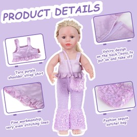 Rakki Dolli Doll Clothes Accessories 3 Pcs Set, Taro Purple Camisole Short Shoulder Strap Shirt & Flared Pants with Sparkling Sequins & Sequin Satchel Bag for 18" Girl Dolls (Doll Not Included) 050