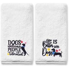 Dog Hand Towels for Bathroom Set of 2, Dog Lover Gifts for Women Bathroom Decor Embroidered, Dog Owners Mom Gifts Decorative New Home Tea Hand Towels, 100% Cotton Soft Towels for Kitchen 14x30 Inches